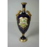 Coalport Porcelain Vase, circa early 20th century, Having panels of Flowers and Birds on a blue