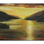 Anne White (Scottish, B.1960) "Sunset over Loch Shiel" oil, signed to lower right, 51cm x 58cm (