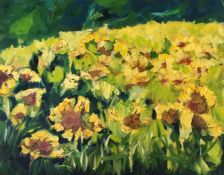 Clare Blois (Scottish, B.1953) "Late Sunflowers", oil on canvas, signed to lower right, signed to