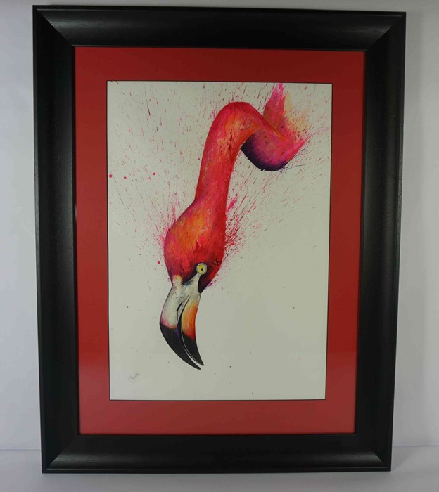 Clare Brownlow (British, B.1983) "Flamingo", pheasant feathers & ink, signed to lower left, 53cm x - Image 2 of 3