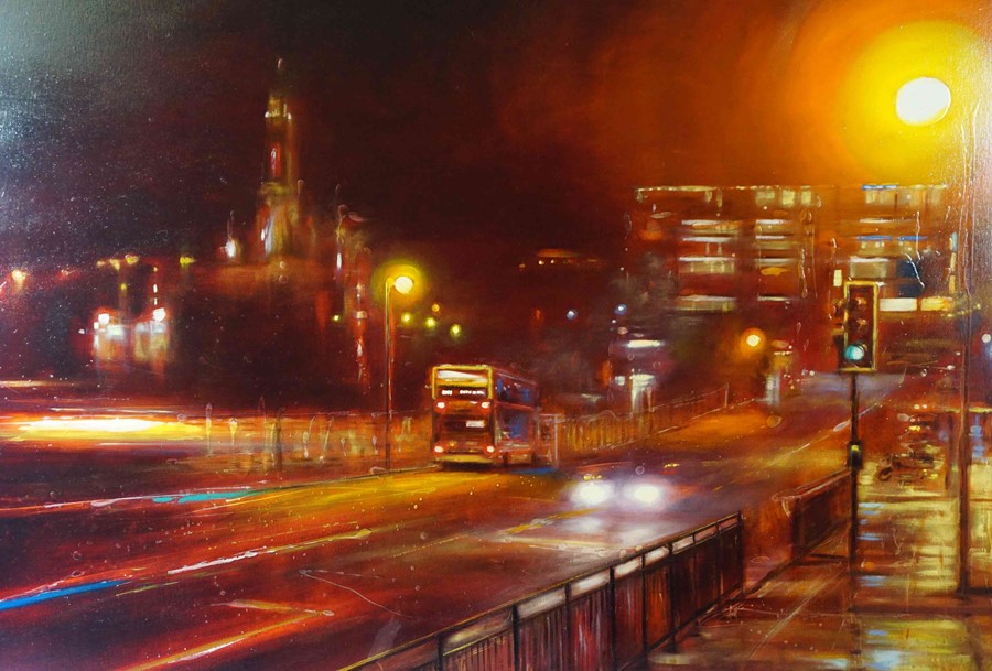 Lesley Anne Derks BA(Hons) (British, B.1977) "Waverley Bridge - Night", oil & enamel on canvas, - Image 3 of 4