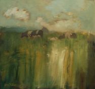 Helen Tabor (British, B.1960) "Cows, Midsummer", oil on canvas, signed lower left, artist label to