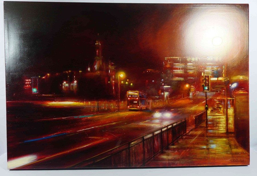 Lesley Anne Derks BA(Hons) (British, B.1977) "Waverley Bridge - Night", oil & enamel on canvas, - Image 2 of 4