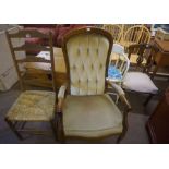 Eight Assorted Chairs, To include a woven seated ladder back chair, velour upholstered armchair, set