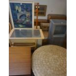 Quantity of Furniture, To include a firescreen, painted cabinet, towel rail, sewing table, teak