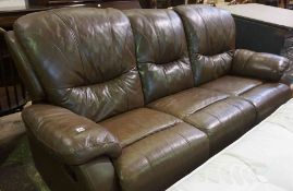 Brown Leather Reclining Three Seater Sofa, 92cm high, 210cm wide, 110cm deep
