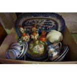 Box of 19th century and Later Ceramics, To include a Canton Famille Rose vase cover, A pair of