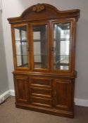 Modern Hardwood Display Cabinet, Having three glazed doors enclosing glass shelves, Above drawers