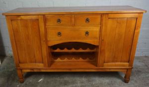 Modern Hardwood Sideboard, Having Drawers above an Open Recess, Flanked with two Cupboard Doors,