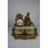 French Gilt Metal and Alabaster Mantel Clock, circa 19th century, Decorated with a Scholar next to