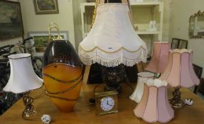 Quantity of Modern Table Lamps, Also with a Large Orange Glass Vase, And a Modern Mantel Clock,