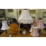 Quantity of Modern Table Lamps, Also with a Large Orange Glass Vase, And a Modern Mantel Clock,