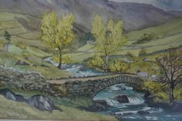 Monica Barry "Packhorse Bridge, Hartsop Valley" Watercolour, Signed to lower left, 35cm x 45cm