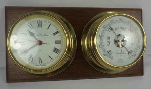 Reproduction Brass Cased Marine Clock / Barometer, Having a Quartz movement to the Clock, Dials 14cm