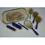 Enamel Five Piece Dressing Table Set, Also with a Silver Backed Brush, On Tray, (7)
