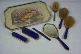 Enamel Five Piece Dressing Table Set, Also with a Silver Backed Brush, On Tray, (7)