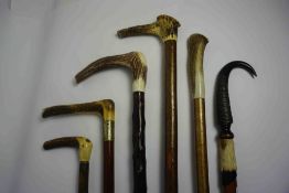 Six Shepherds Style Walking Sticks, FIve examples having Antler handles, The other having a Rams