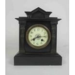 Victorian Black Slate Mantel Clock, Having a Twin Train Movement, 26cm high, With Key