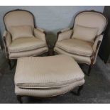 Pair of Victorian Style Armchairs, With a Matching Serpentine shaped Salon Stool, Upholstered in