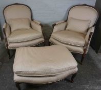 Pair of Victorian Style Armchairs, With a Matching Serpentine shaped Salon Stool, Upholstered in