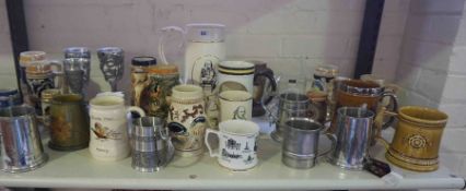 Quantity of Pottery, Glass and Pewter Beer Steins and Tankards, To include German examples,