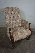 Victorian Mahogany Framed Buttonback Armchair, Upholstered in later Fabric, Raised on Brass Castors,