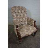 Victorian Mahogany Framed Buttonback Armchair, Upholstered in later Fabric, Raised on Brass Castors,