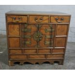 Korean Style Hardwood Collectors Chest, Having small fitted Drawers, Decorated with Brass mounts,