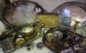 Quantity of Silver Plated Wares, To include four large Serving / Gallery Trays, Also with some Brass