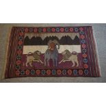 Persian Bluch Rug, Decorated with two Lions nearing a Buffalo, On a Red ground, 144cm x 82cm