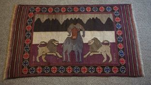 Persian Bluch Rug, Decorated with two Lions nearing a Buffalo, On a Red ground, 144cm x 82cm