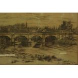 Scottish School "Old Bridge Kelso" Engraving, Initialled B&D, 15.5cm x 24cm