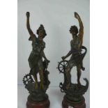 Pair of Antique Spelter Figures, Comprising of a Male and Female, 55cm high, Raised on Wooden Bases,