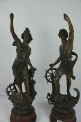 Pair of Antique Spelter Figures, Comprising of a Male and Female, 55cm high, Raised on Wooden Bases,