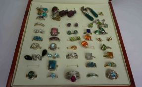 Quantity of Silver Gem Style Rings, Mostly stamped 925, Also with similar Pairs of Earrings,