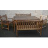 Suite of Wooden Garden Furniture, Comprising of a Table, Two Benches and Two Chairs, Table 74cm