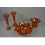 Four Pieces of Carnival Glass, Comprising of a pair of Vases and two Bowls, Largest Bowl 12cm