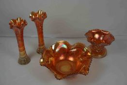 Four Pieces of Carnival Glass, Comprising of a pair of Vases and two Bowls, Largest Bowl 12cm