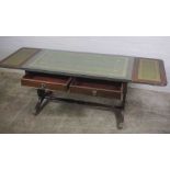 Reproduction Sofa Table, Having Tooled Green Leather Panels, With two Drawers and Opposing Faux