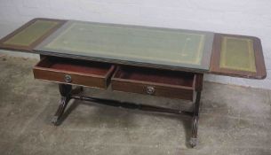 Reproduction Sofa Table, Having Tooled Green Leather Panels, With two Drawers and Opposing Faux