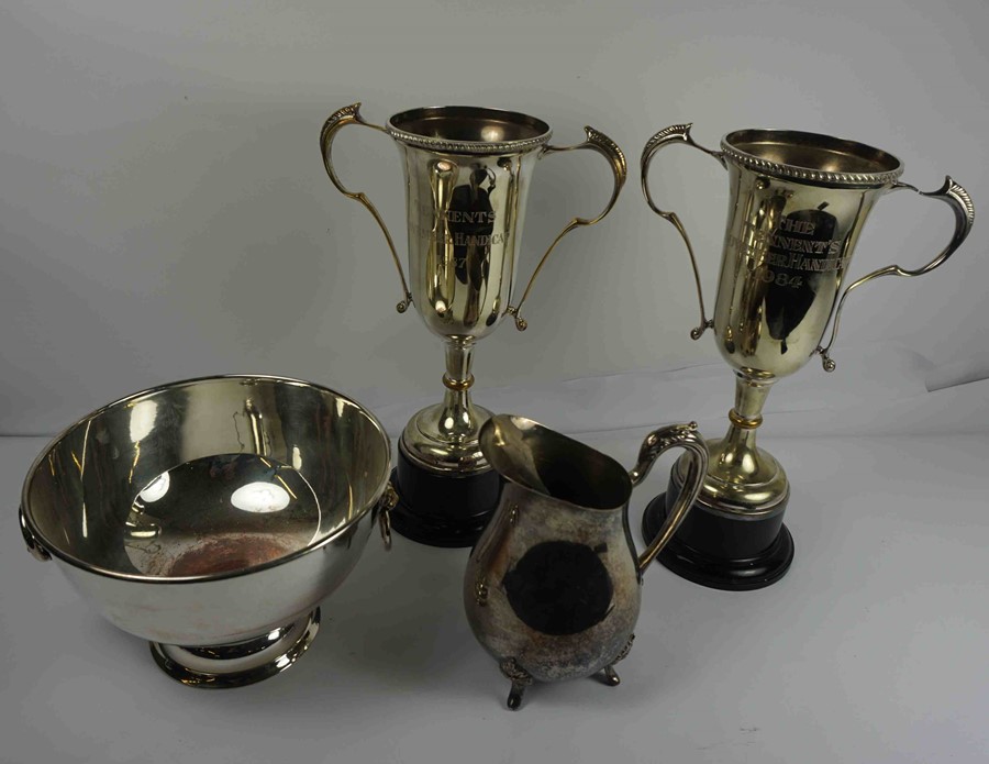 Pair of Silver Plated Agricultural Cups, Engraved for Tennents November Handicap 1987, 31cm high,