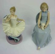 Two Nao by Lladro Porcelain Figures, Modelled as a Ballerina and a Girl with Cat, 26cm, 28cm