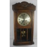 Vintage Oak Wall Clock, Having a Silvered Dial, With Pendulum and Key, 70cm high