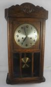 Vintage Oak Wall Clock, Having a Silvered Dial, With Pendulum and Key, 70cm high