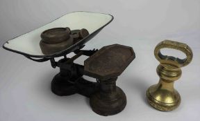 Brass 7lb Butchers Weight, Also with a set of Vintage Scales, With various Weights, (a lot)