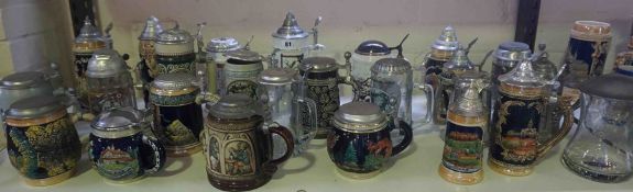 Quantity of Assorted Pottery and Glass Beer Steins with Covers, To include German examples,