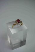 Ruby and Diamond Cluster Ring, Set with a small Ruby and Diamond Chips, On a Silver Gilt Shank, Size