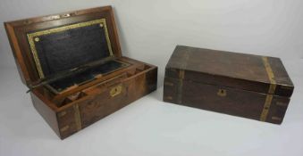 Two Victorian Walnut and Brass Bound Lap Desks, 17cm high, 45cm wide, 25cm deep, (2)