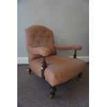 Victorian Ebonised Armchair, Upholstered in later Fabric, Raised on Brass Castors, 85cm high
