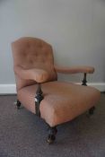 Victorian Ebonised Armchair, Upholstered in later Fabric, Raised on Brass Castors, 85cm high